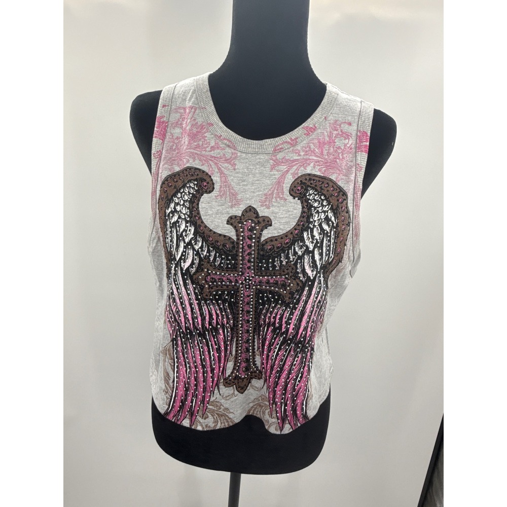 Vocal Women Rhinestone Wing Cross Graphic Crop Tank Top Grey Pink Large 19439T
